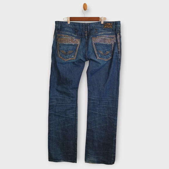 Robin's Jean Men's 40 Blue Double Back Pocket Rhinestones Dark Wash Denim 40x35 - Picture 2 of 16